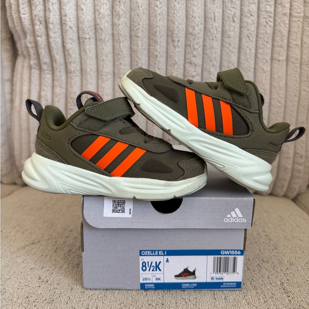 Adidas Kids Shoes Ozelle El I - Olive with Orange Stripes